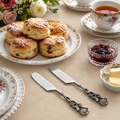 Antique Rose stainless steel butter spreader knives with decorative floral handles displayed on a warm beige Venetian seamless matte microcement surface alongside fresh scones, tea, jam, and fine floral china for an elegant afternoon tea setting.