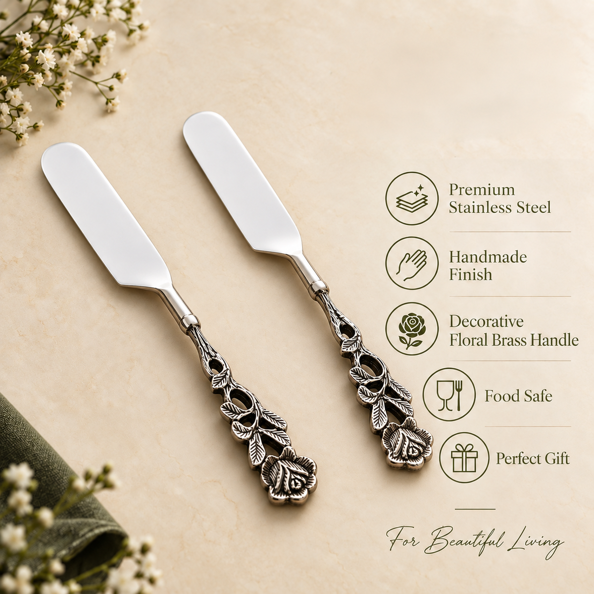 Antique Rose stainless steel cake knife set with decorative floral metal handles displayed on a warm beige background, highlighting premium stainless steel, handmade finish, food-safe construction, and elegant gift-worthy design.