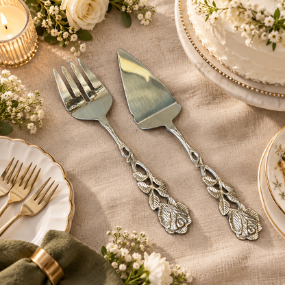 Antique Rose stainless steel cake server and serving fork set with handcrafted floral handles for elegant cake serving and special occasions.