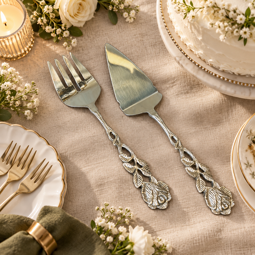 Antique Rose stainless steel cake server and serving fork set with handcrafted floral handles for elegant cake serving and special occasions.