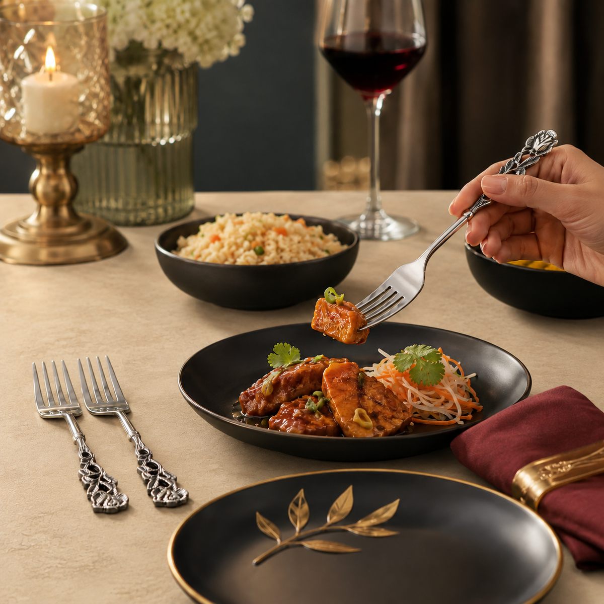 Antique Rose stainless steel table forks set of 2 with decorative floral handles styled on a warm beige Venetian seamless matte microcement dining table alongside elegant black dinnerware and gourmet meal.