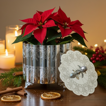 Luxury antique silver storage box used as a decorative planter and festive centerpiece, perfect for holiday décor and elegant gifting.