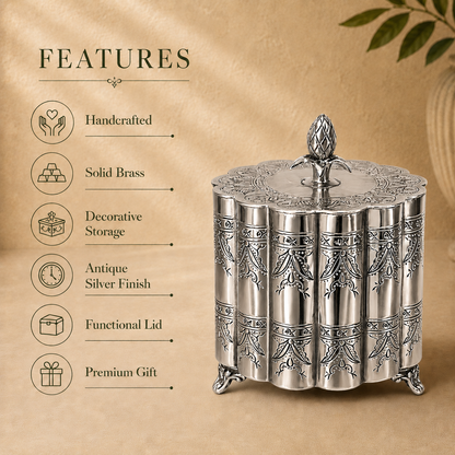Antique Silver Decorative Storage Box featuring handcrafted metal construction, decorative storage, antique silver finish, functional lid, and premium gift design by Inara Home Decor.