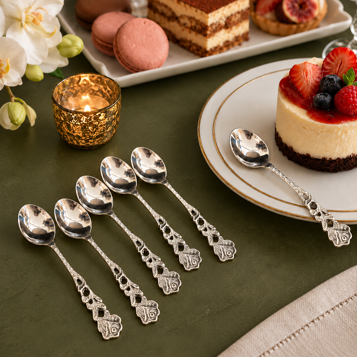 Set of 6 antique silver dessert spoons with ornate floral handles styled beside cheesecake and desserts on a dark olive green tabletop.
