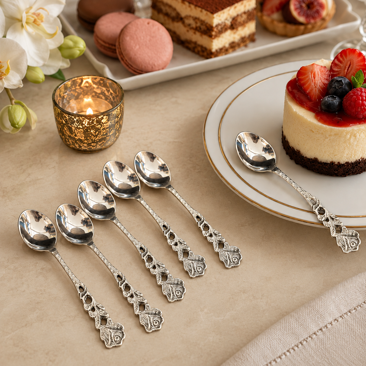 Antique silver dessert spoons set of 6 displayed on a warm beige Venetian seamless matte microcement surface with cheesecake and desserts, luxury stainless steel dessert cutlery for elegant dining and gifting.