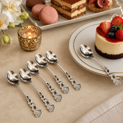 Antique silver dessert spoons set of 6 displayed on a warm beige Venetian seamless matte microcement surface with cheesecake and desserts, luxury stainless steel dessert cutlery for elegant dining and gifting.