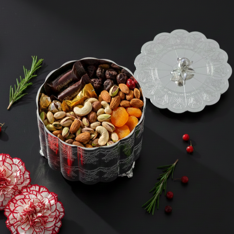 Luxury antique silver keepsake box used as a dry fruit gift box with almonds, cashews, and chocolates, ideal for Diwali and wedding gifting
