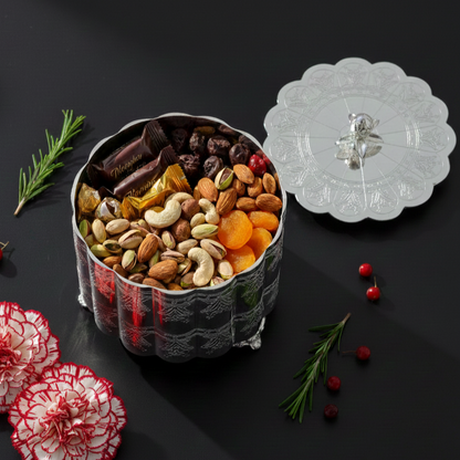 Luxury antique silver keepsake box used as a dry fruit gift box with almonds, cashews, and chocolates, ideal for Diwali and wedding gifting