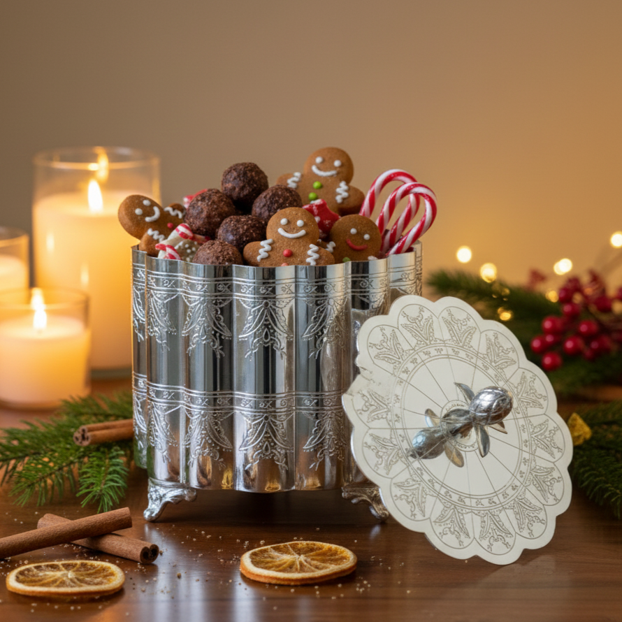 Premium antique silver keepsake box used as a festive dry fruit and sweets gift box, ideal for holiday décor and elegant gifting.