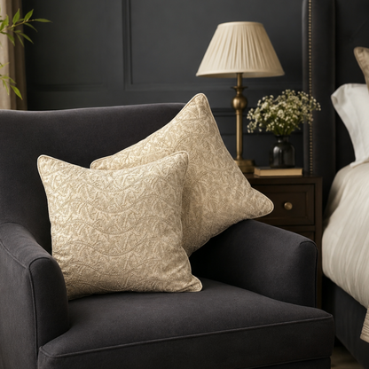 Beige embroidered cushion covers placed on a dark grey accent chair in a modern bedroom, featuring elegant textured embroidery for luxury home décor.