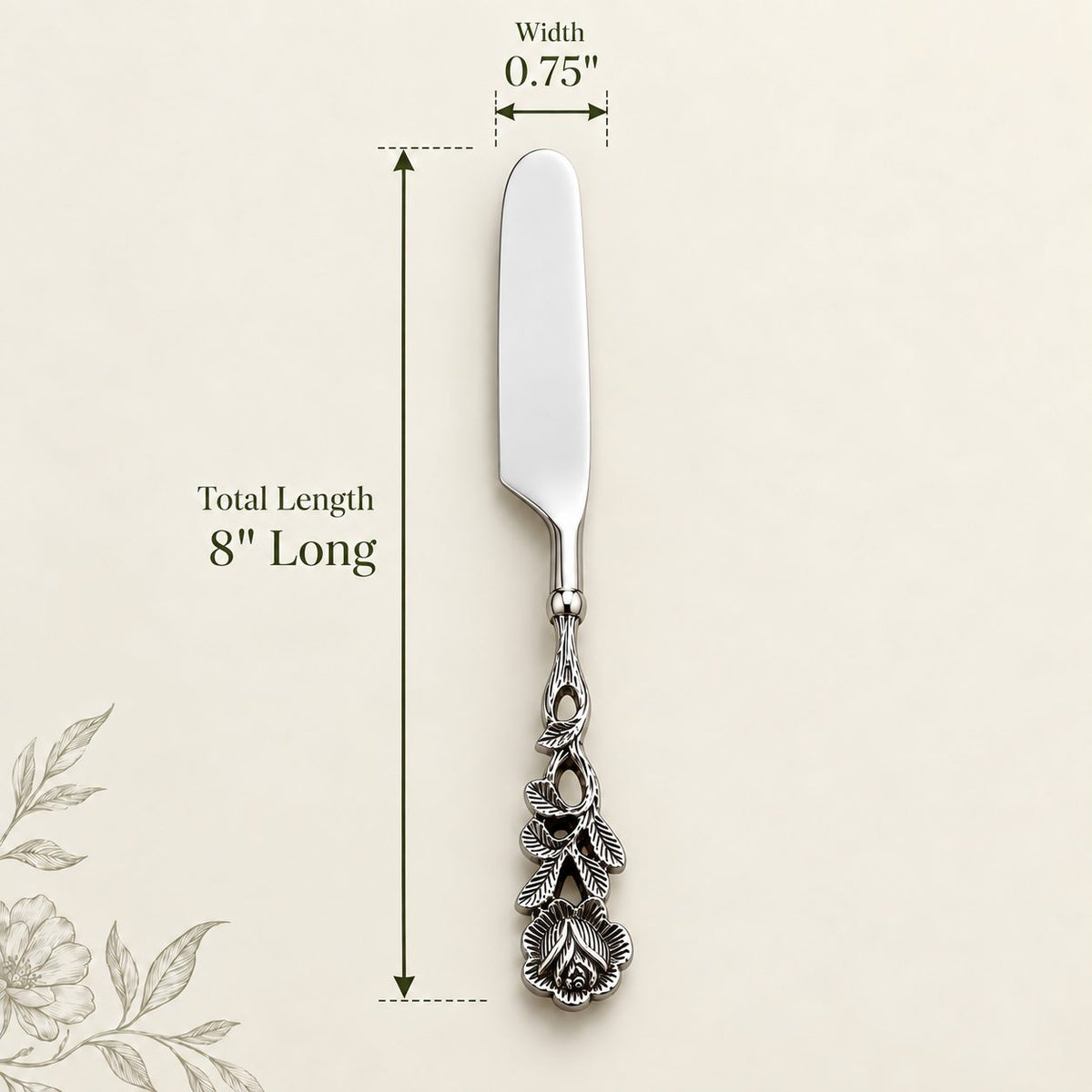 Antique silver floral handle butter knife with ornate vintage design showing dimensions of 8 inches long and 0.75 inch wide. Premium stainless steel serving knife by Inara Home Decor, ideal for butter, desserts, and elegant table settings.