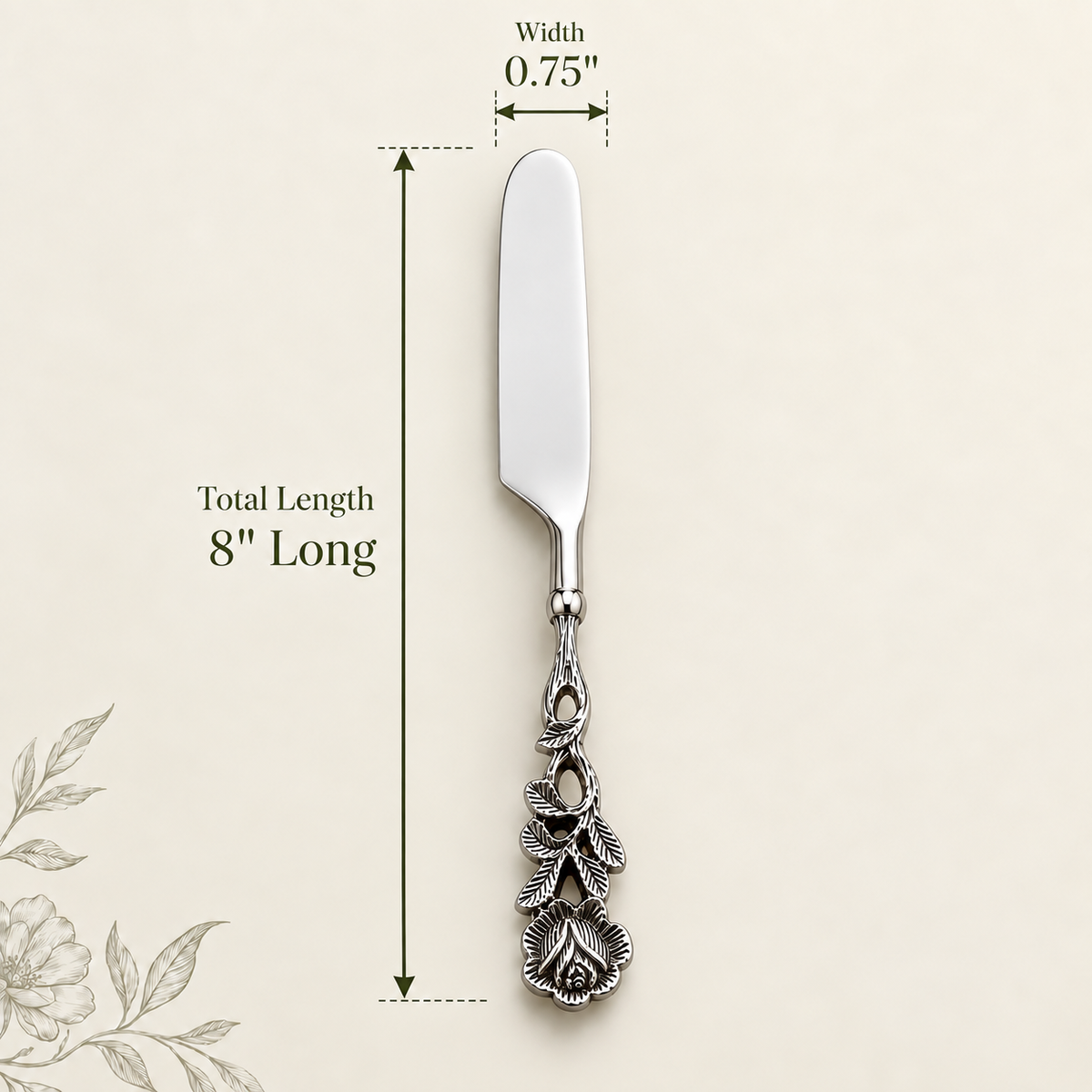 Antique silver floral handle butter knife with ornate vintage design showing dimensions of 8 inches long and 0.75 inch wide. Premium stainless steel serving knife by Inara Home Decor, ideal for butter, desserts, and elegant table settings.