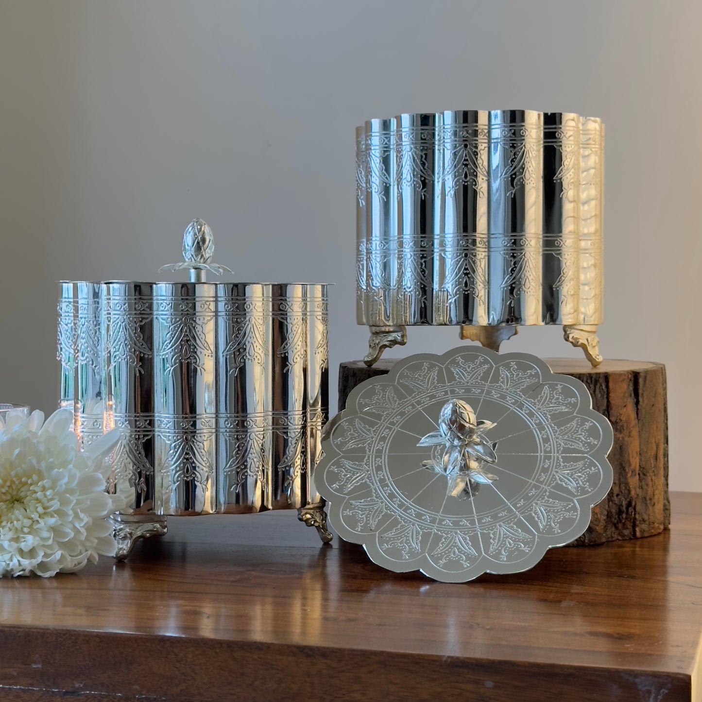 Silver finish decorative keepsake box with intricate embossed design, perfect for dry fruits, jewelry storage, and premium gifting.