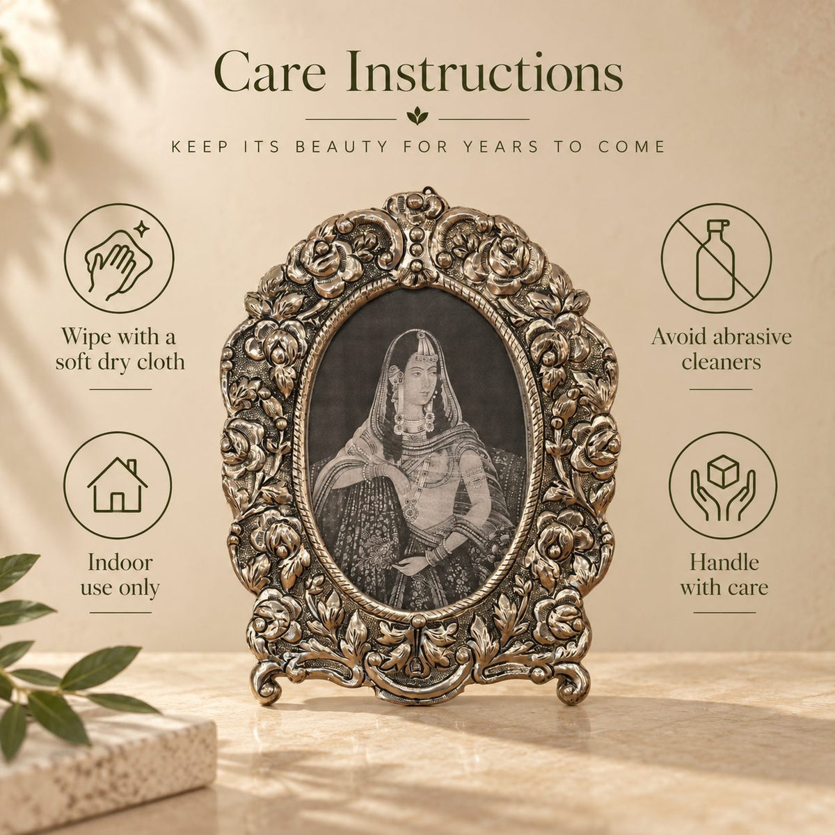 Care guide for the Florence Heirloom silver photo frame: wipe with a soft dry cloth and keep indoors.