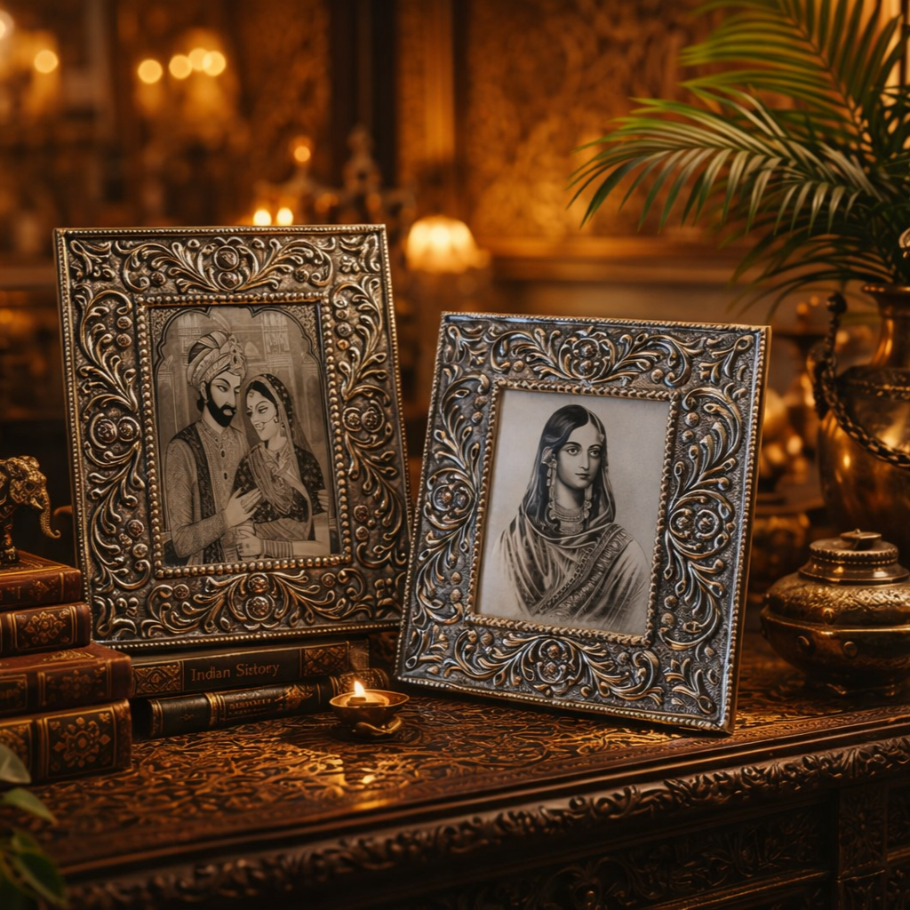 Opulent Indian palace-inspired interior with antique silver photo frames featuring ornate embossed detailing, styled on a carved wooden console with vintage books, brass décor accents, indoor plants, and warm golden lighting.