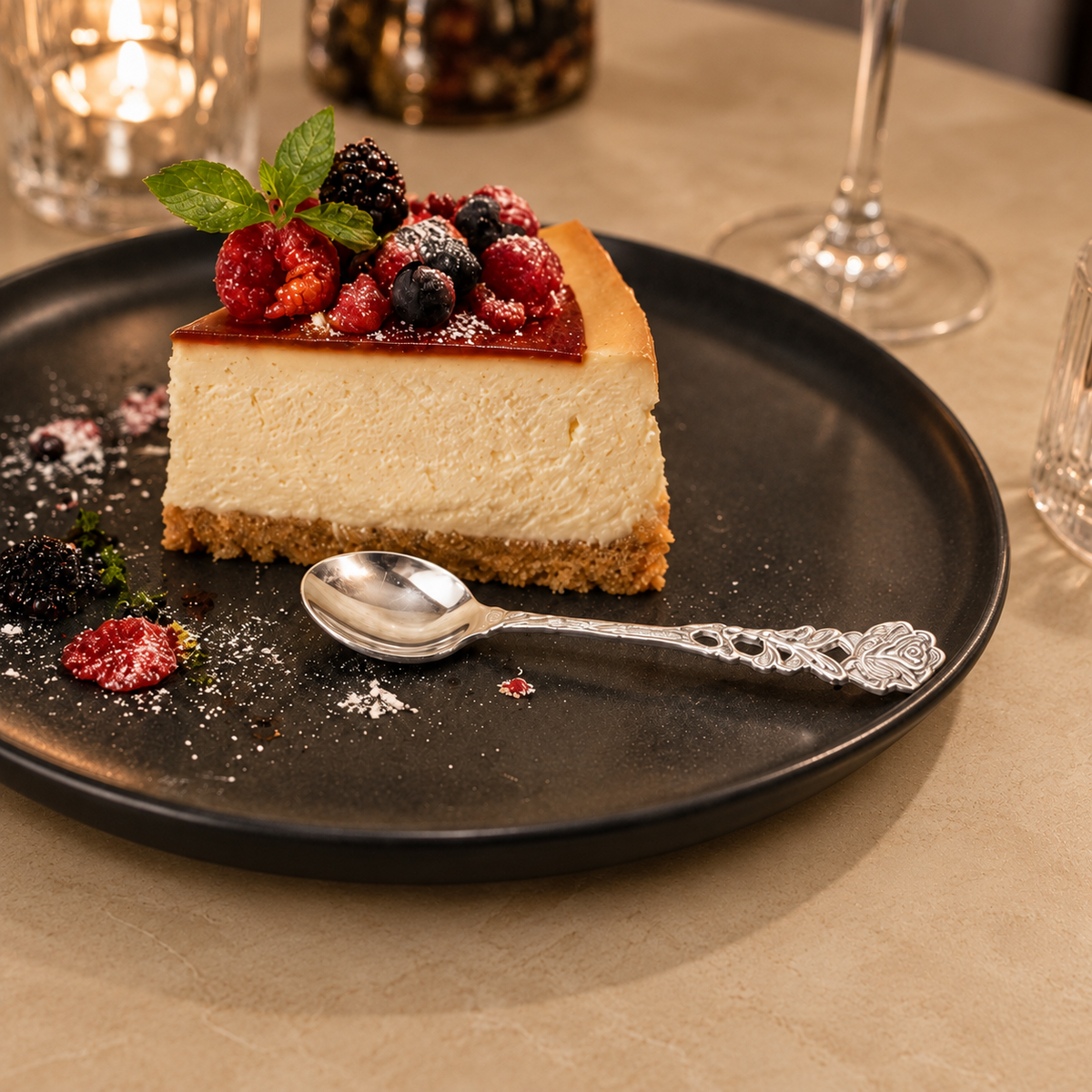 Antique silver rose dessert spoon beside a berry cheesecake on a black plate, styled on a warm beige Venetian seamless matte microcement table in an elegant luxury dining setting.