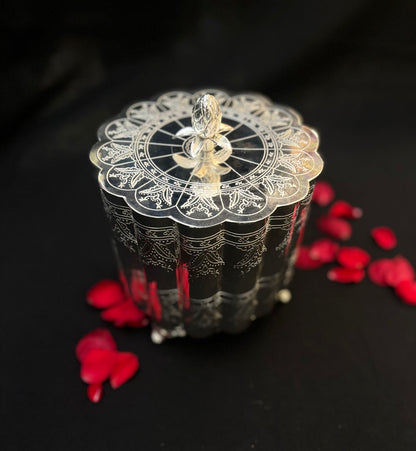 Antique silver round keepsake box with embossed floral lid design, ideal for dry fruits, festive gifting, and luxury home décor.