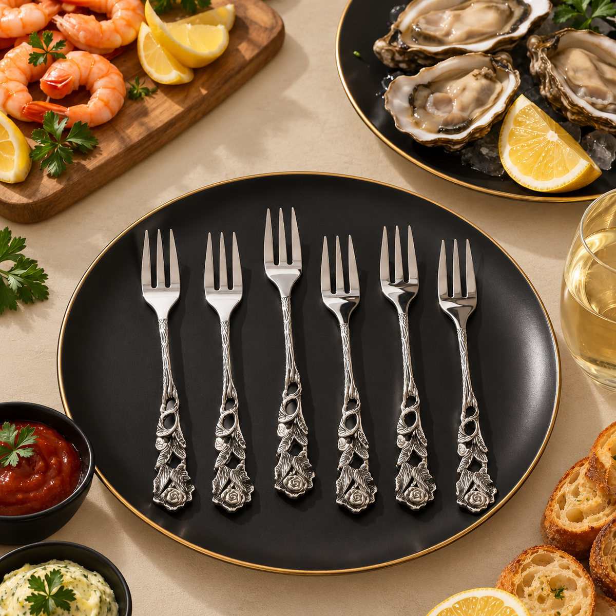 Antique silver seafood cocktail forks set of 6 with ornate floral handles displayed on a black plate over a warm beige Venetian seamless matte microcement surface, styled with oysters, shrimp, lemon, and artisan bread for an elegant dining presentation.