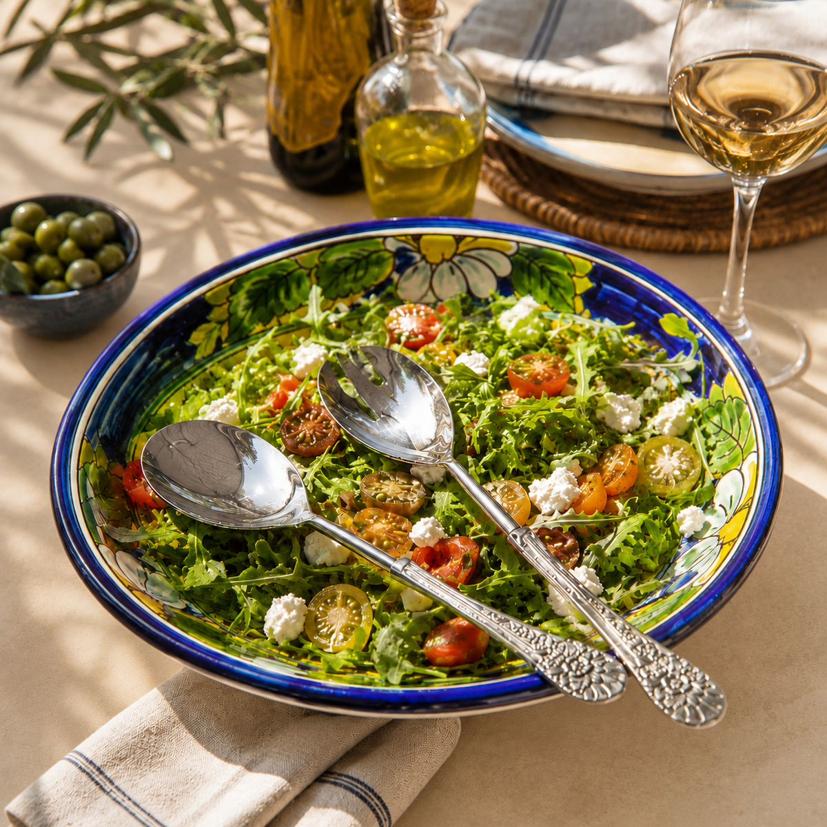 Antique Silver Serving Spoon and Fork Set displayed on a colorful ceramic salad bowl with fresh salad, styled on a warm beige Venetian seamless matte microcement surface for elegant dining and serving.