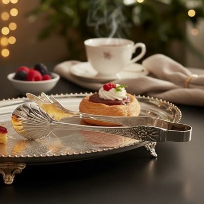 Antique silver serving tongs placed on an ornate tray with dessert and tea setup, showcasing vintage luxury cutlery for elegant dining.