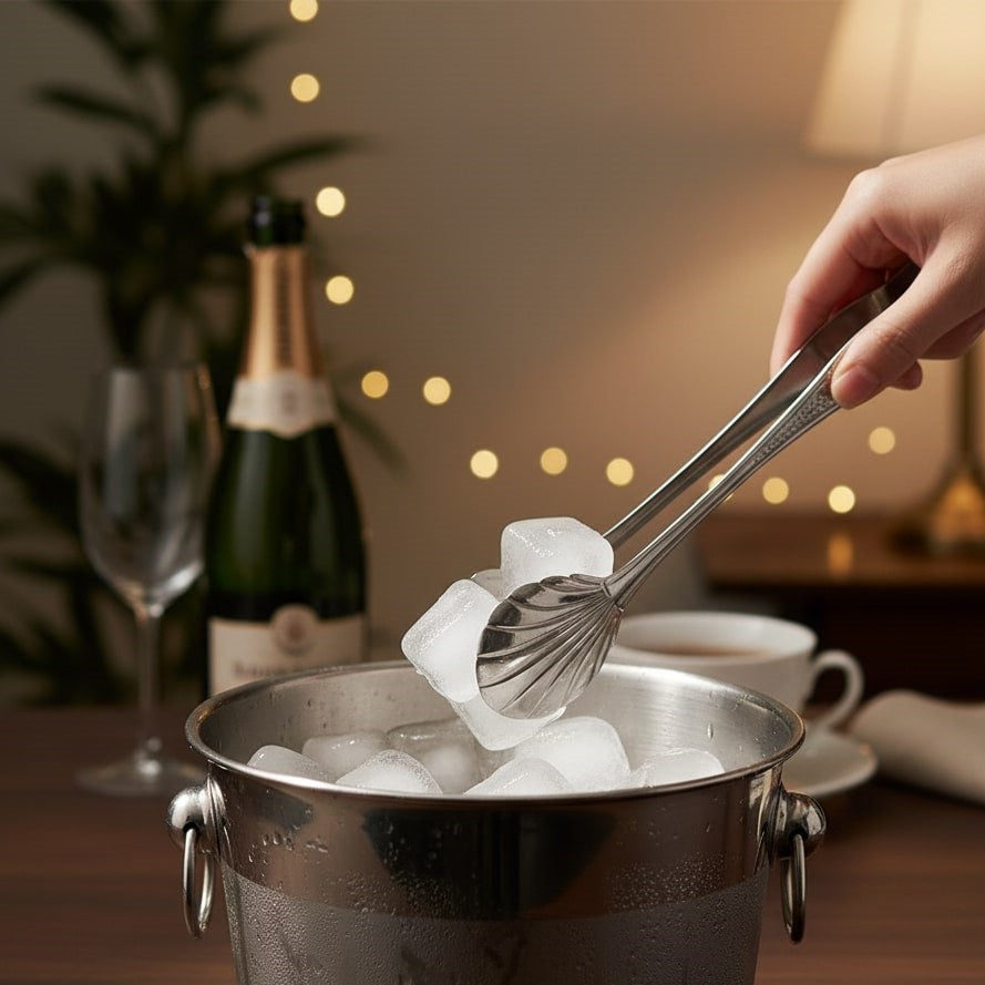 Hand holding antique silver serving tongs lifting ice cubes from a metal ice bucket in an elegant bar setup with champagne bottle and glasses in background