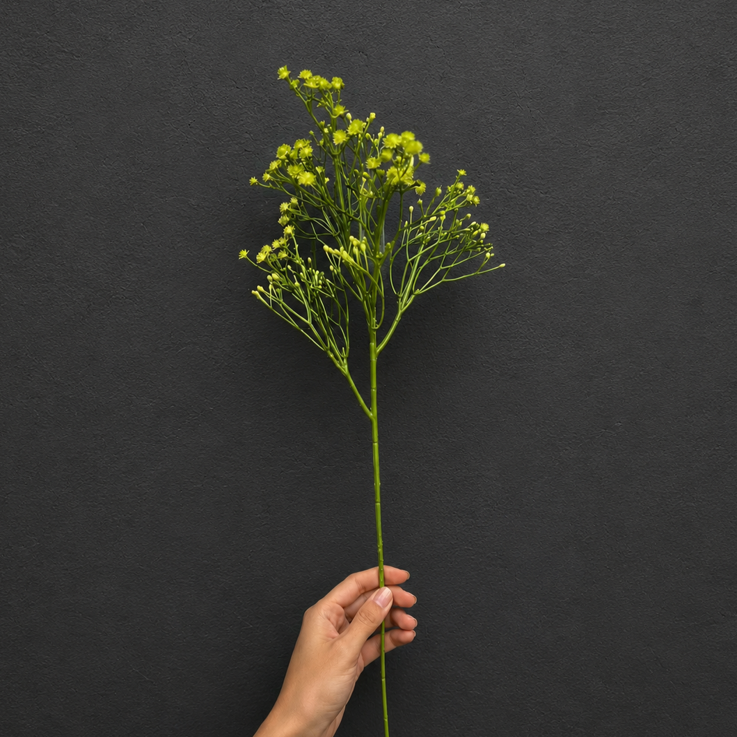 Single Artificial Baby Breath Stem in green with realistic branching and delicate blooms for floral arrangements.