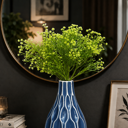 Artificial Baby Breath Stem in green displayed in a blue ceramic vase for elegant living room home décor.