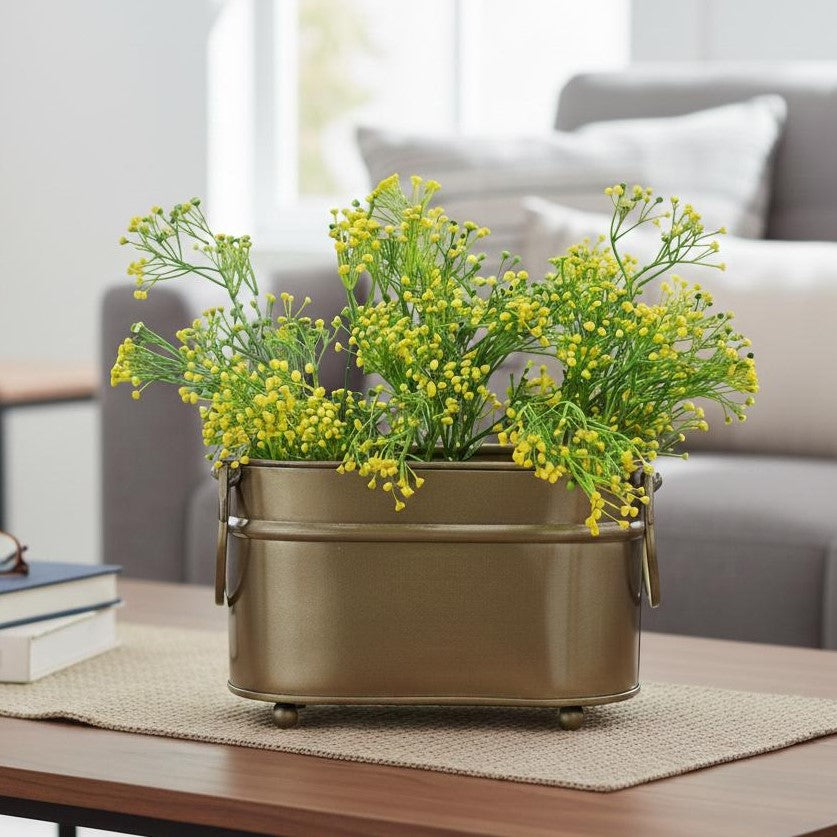 Artificial Berry Beads Bunch in yellow arranged in a decorative metal planter, perfect for home décor and tabletop floral styling.