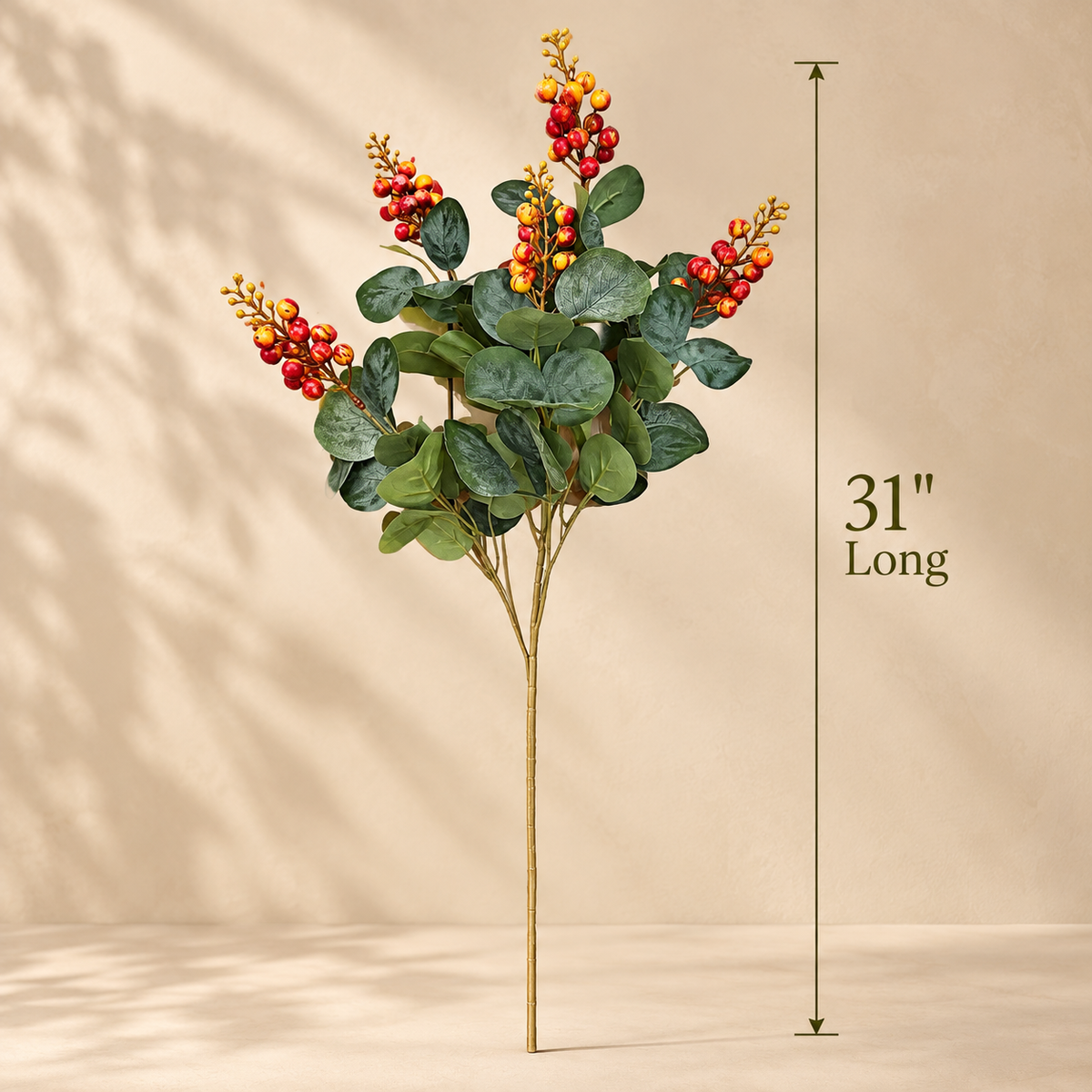 Artificial berry eucalyptus stem measuring 31 inches long with realistic green foliage and vibrant red-orange berry clusters.