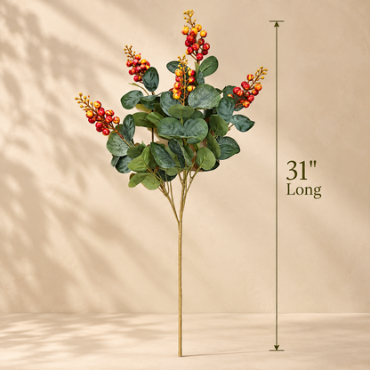 Artificial berry eucalyptus stem measuring 31 inches long with realistic green foliage and vibrant red-orange berry clusters.
