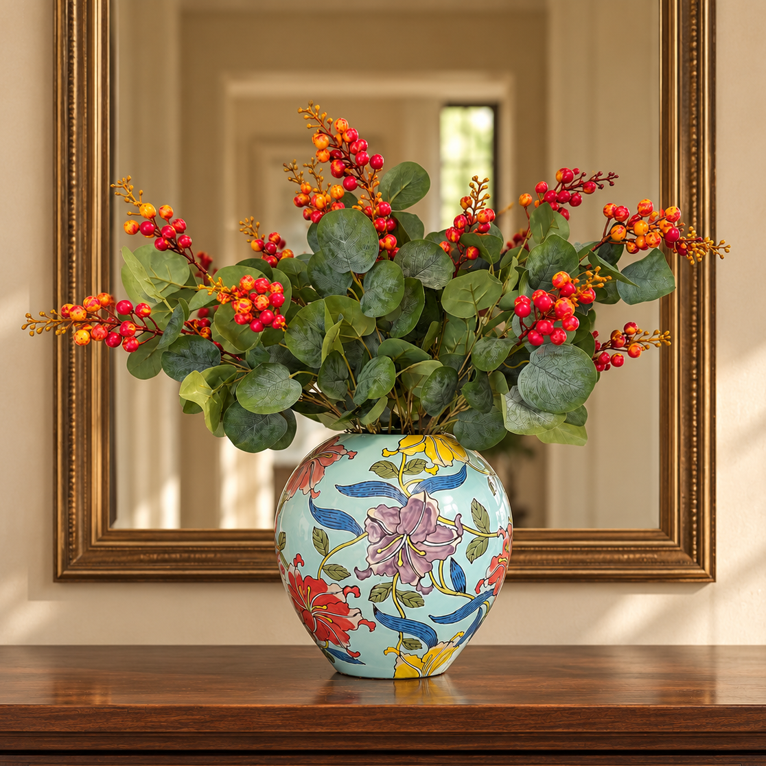 Artificial berry eucalyptus stem arranged in a decorative floral vase for elegant living room and home décor styling.