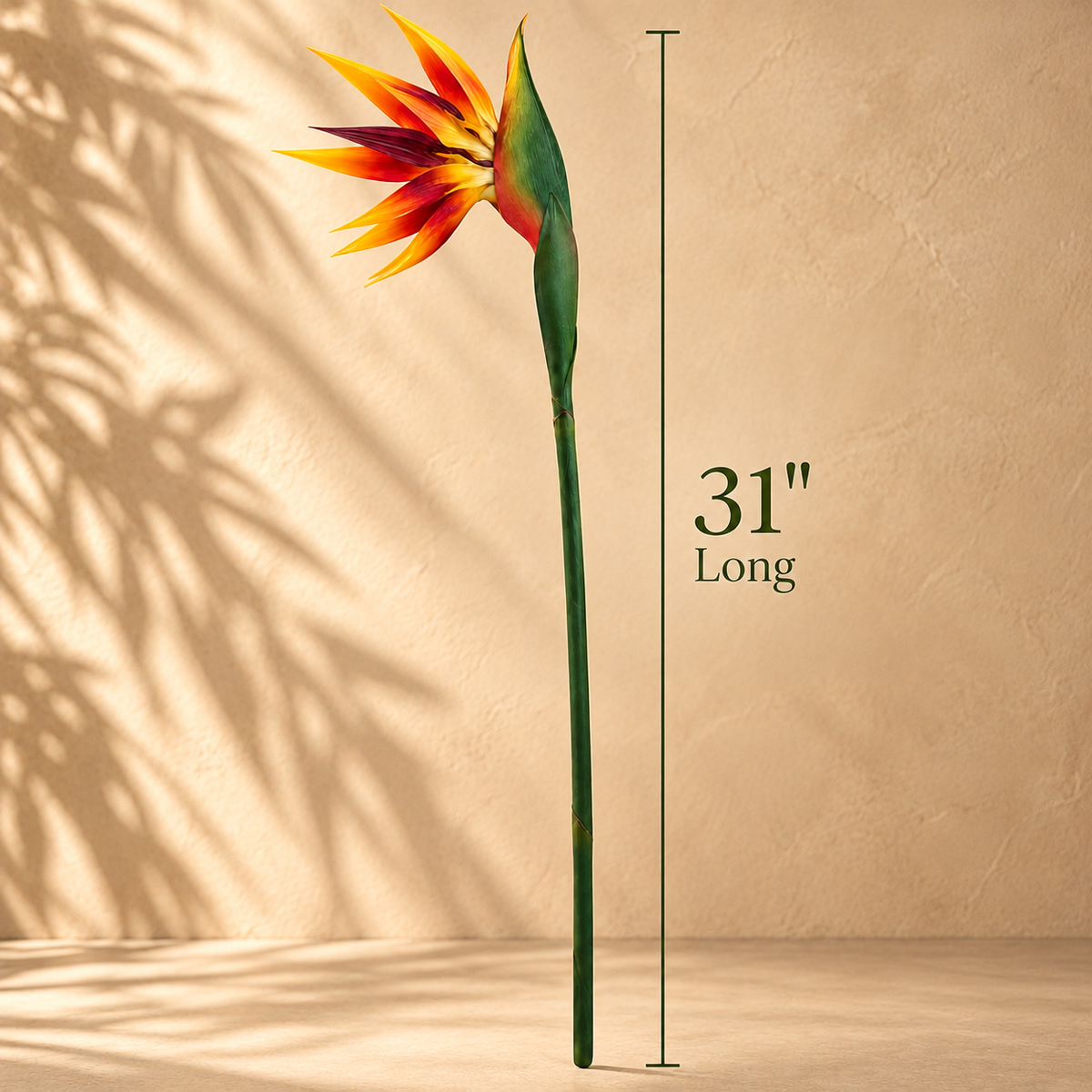 Artificial Bird of Paradise flower stem measuring 31 inches long with elegant size guide on a neutral beige background.