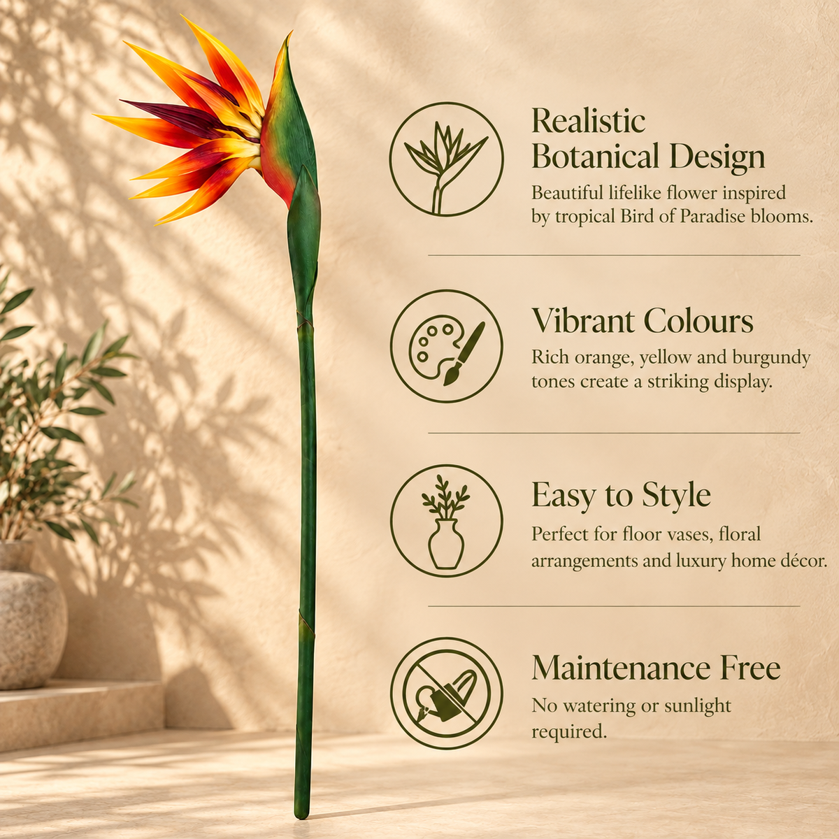 Premium artificial Bird of Paradise flower highlighting realistic botanical design, vibrant colours, easy styling and maintenance-free décor.
