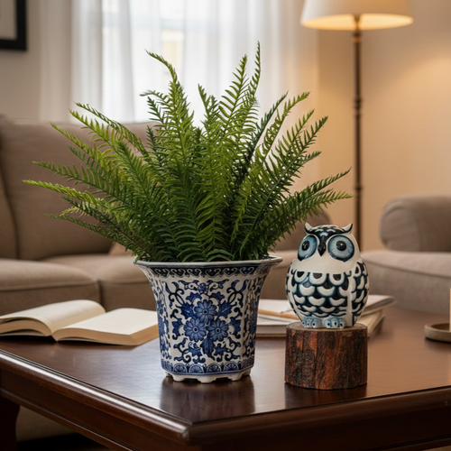 Artificial Boston fern arranged in a blue and white ceramic planter on a coffee table with elegant home décor.