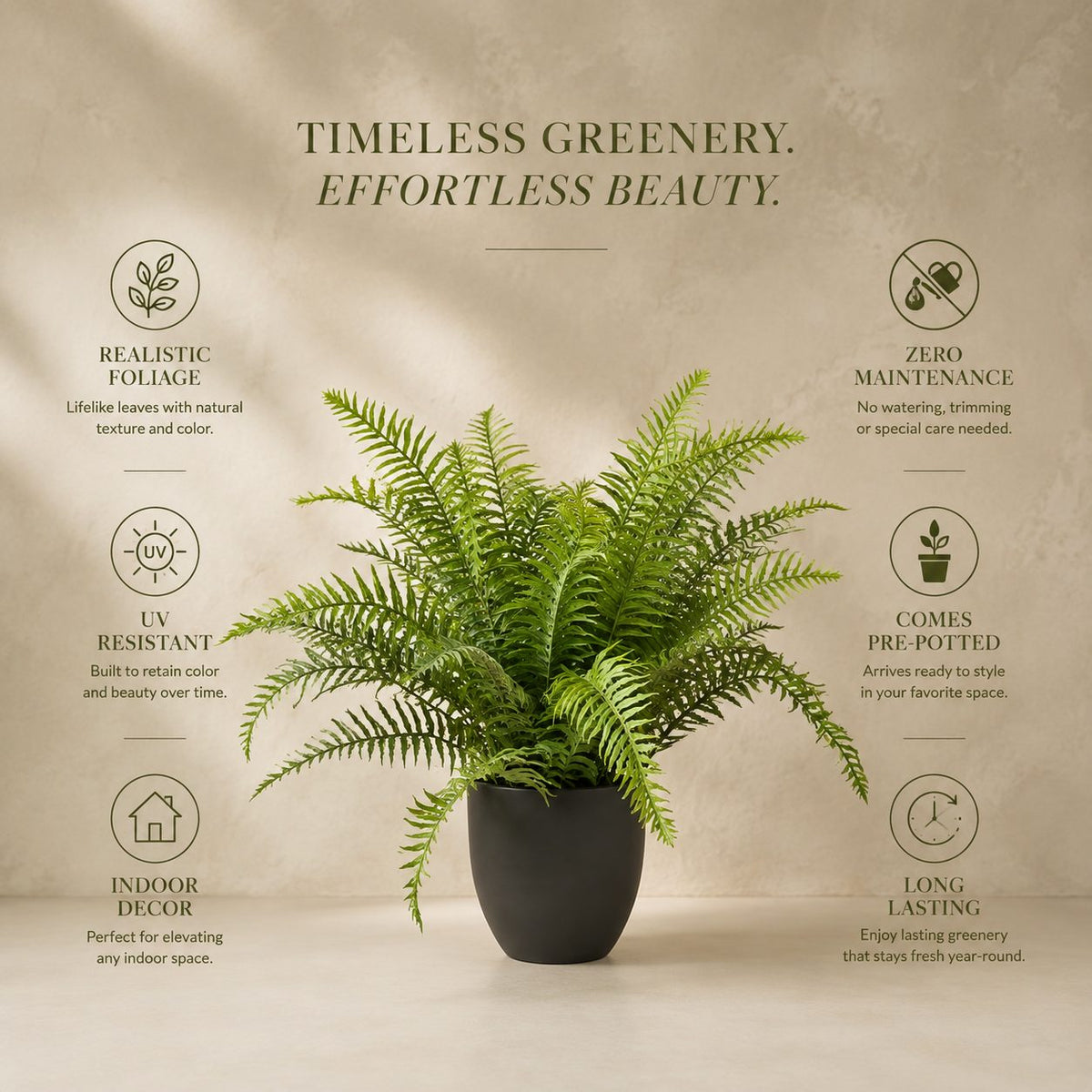 Artificial Boston fern potted plant showcasing realistic foliage, UV resistance, zero maintenance, pre-potted design, and long-lasting indoor décor.