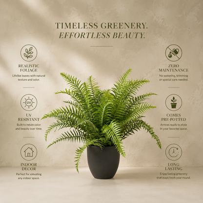 Artificial Boston fern potted plant showcasing realistic foliage, UV resistance, zero maintenance, pre-potted design, and long-lasting indoor décor.
