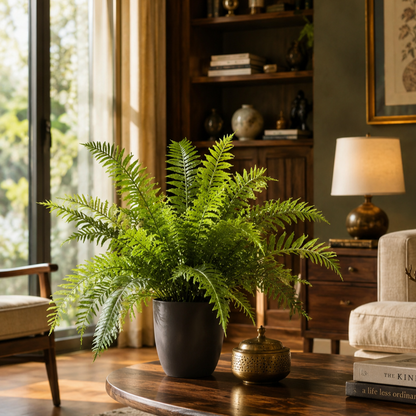 Artificial Boston fern in a black pot styled on a wooden coffee table in a luxury living room interior.