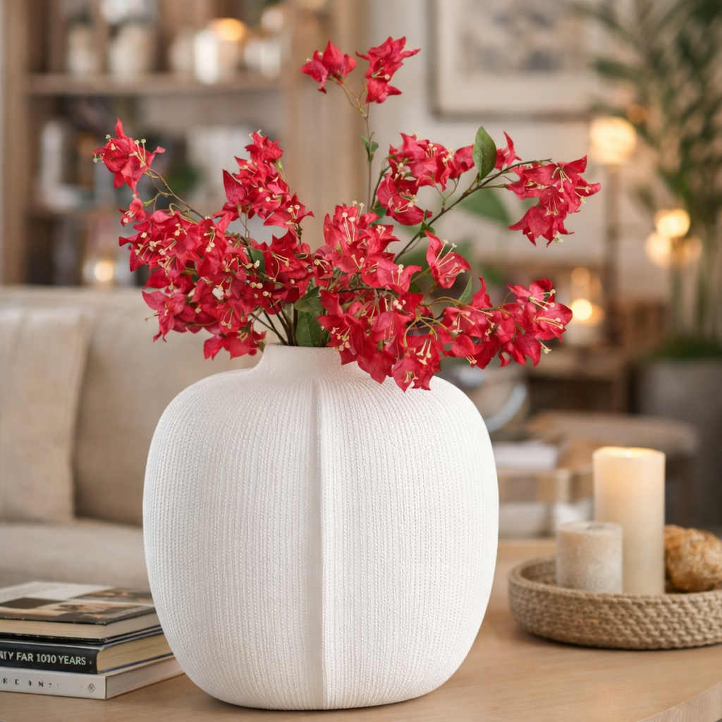 Red bougainvillea flowers arranged in a textured white ceramic vase styled on a living room table with warm ambient decor in the background.