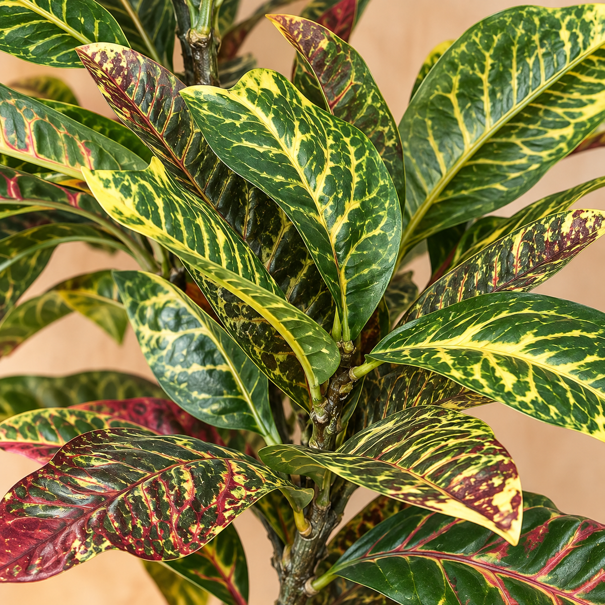 Close-up of Artificial Croton foliage bunch showcasing realistic green, yellow and burgundy variegated leaves with detailed natural veining.