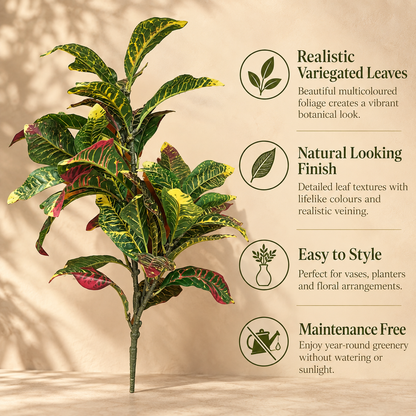 Features infographic of Artificial Croton foliage bunch highlighting realistic variegated leaves, natural finish, easy styling and maintenance-free greenery.