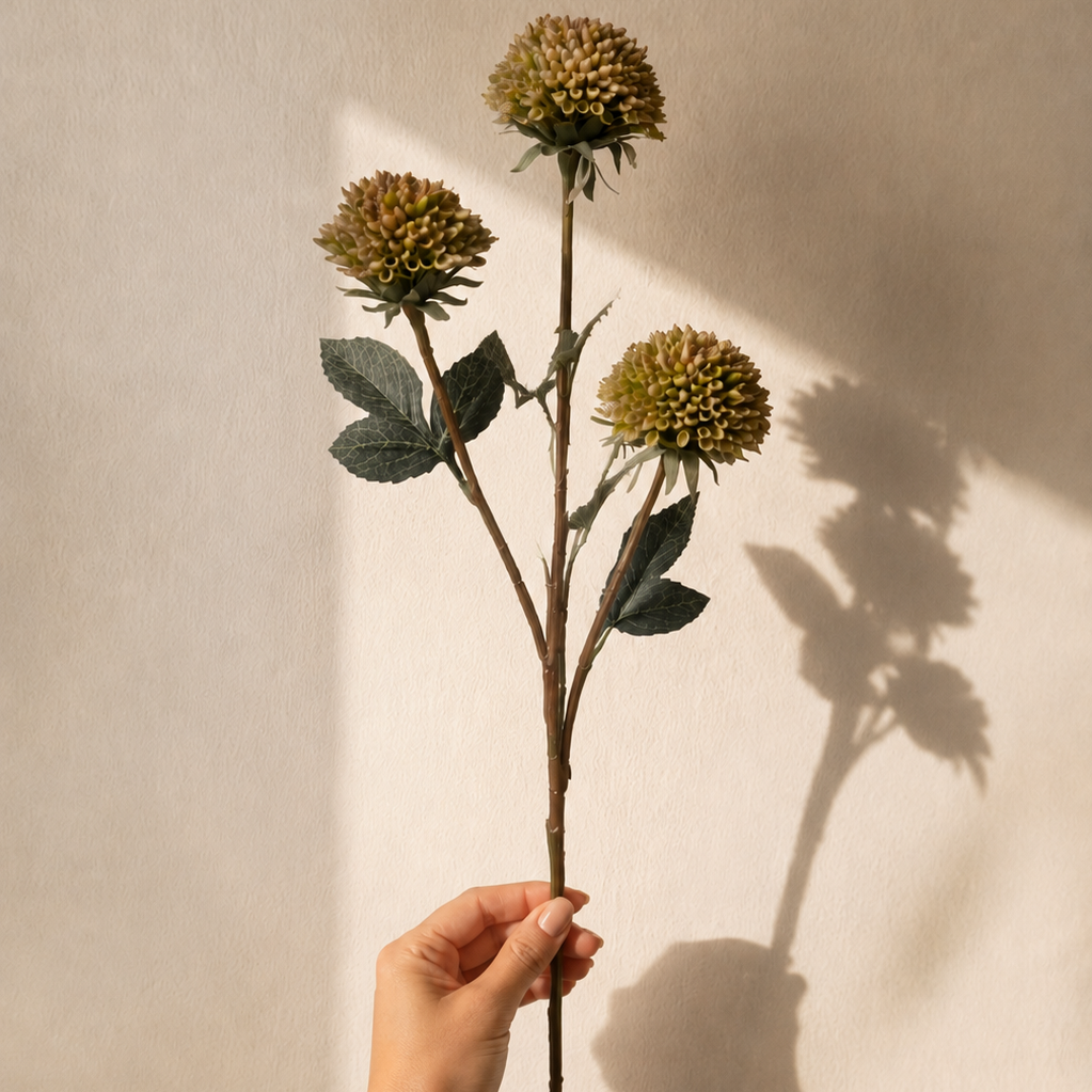 Single artificial cream allium flower stem with realistic blooms and foliage, ideal for luxury floral arrangements and home décor.