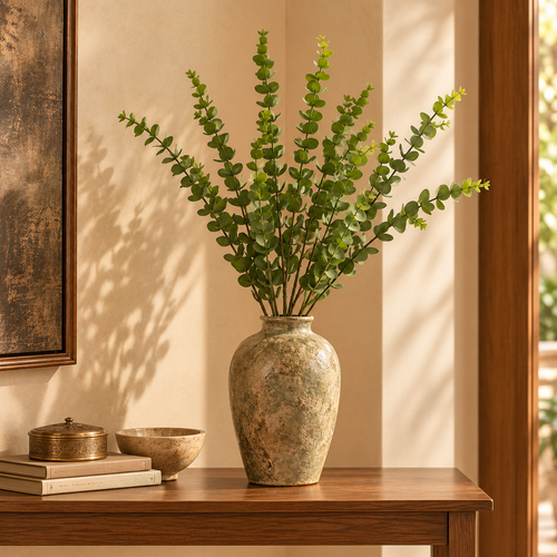Artificial eucalyptus foliage bunch displayed in a textured ceramic vase on a wooden console table, adding elegant greenery to modern home décor.
