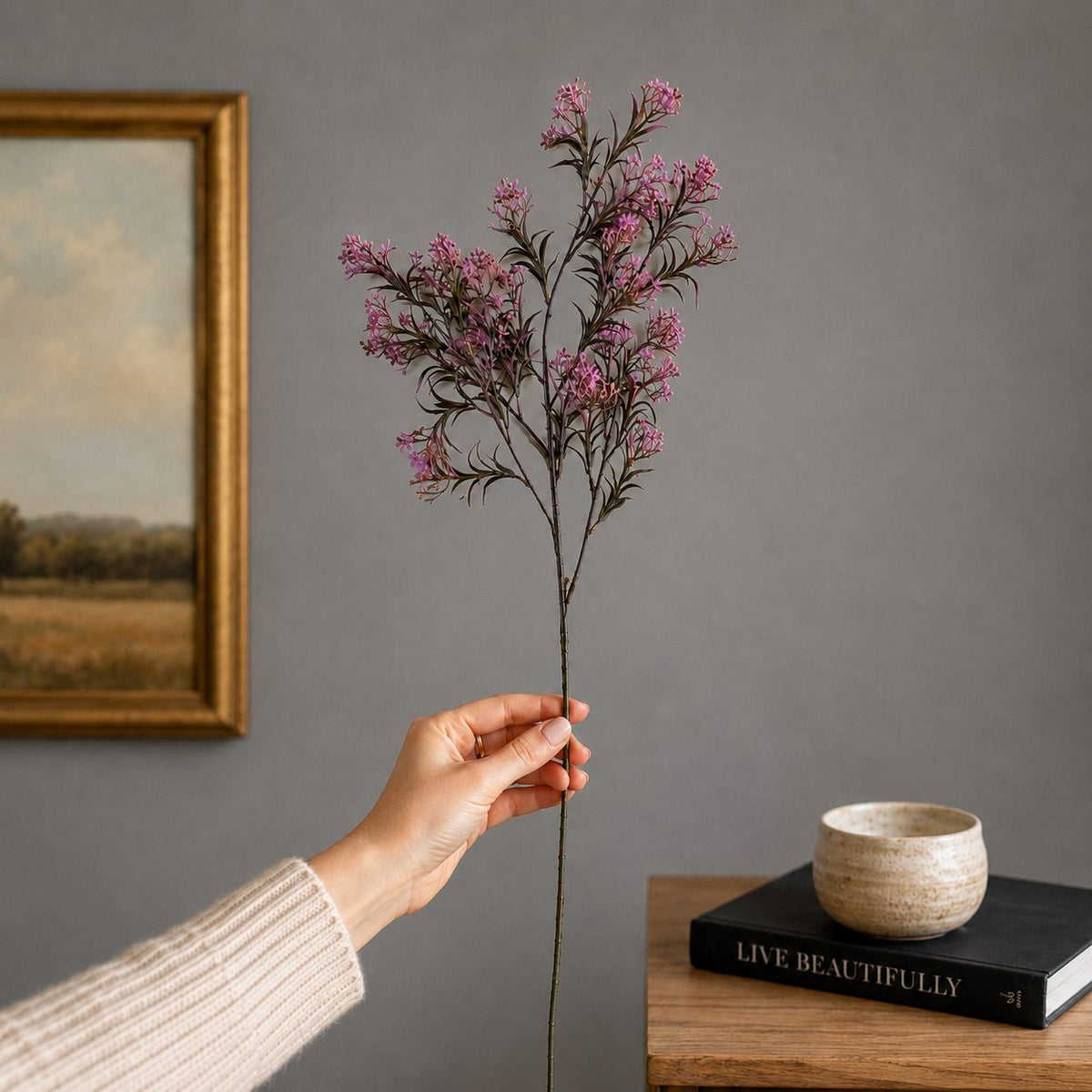 Artificial Flower Asparagus Stem Lavender single stem with delicate lavender flowers and lifelike green foliage, perfect for vases, floral arrangements, and home décor.