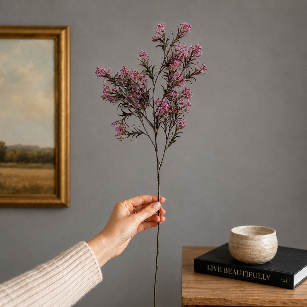 Artificial Flower Asparagus Stem Lavender single stem with delicate lavender flowers and lifelike green foliage, perfect for vases, floral arrangements, and home décor.