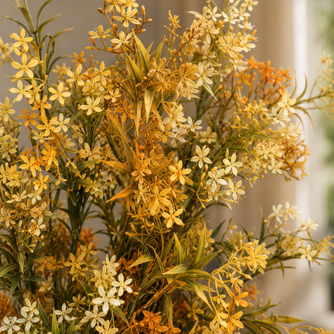 Close-up view of an artificial wildflower bouquet featuring delicate yellow, cream, and orange blossoms with lush green foliage, styled in a decorative vase for elegant home décor.