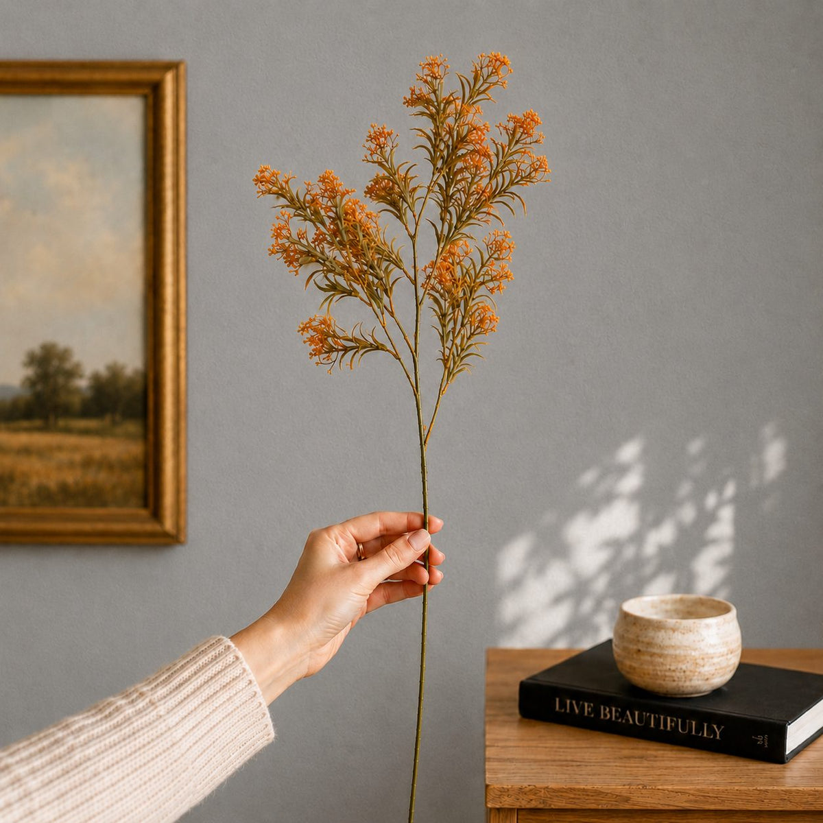 Artificial Flower Asparagus Stem Rust with realistic foliage and delicate rust-toned blooms, premium faux floral stem for elegant home décor by Inara Home Decor.