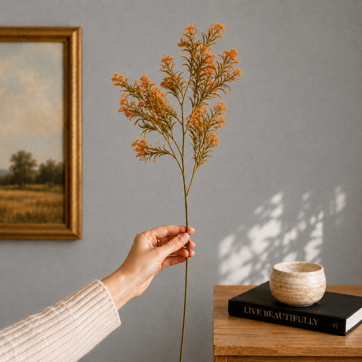 Artificial Flower Asparagus Stem Rust with realistic foliage and delicate rust-toned blooms, premium faux floral stem for elegant home décor by Inara Home Decor.