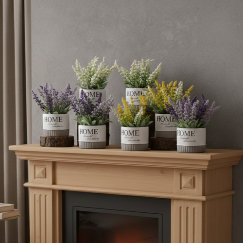 Collection of artificial flowering plants in decorative ceramic pots displayed on a wooden mantel, featuring white, yellow, and lavender blooms for elegant home décor.