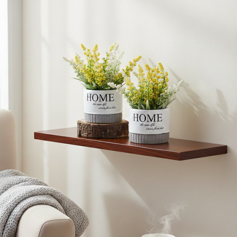 Artificial yellow and white flowering plants in modern ceramic pots styled on a floating wooden shelf, ideal for living room and shelf décor.