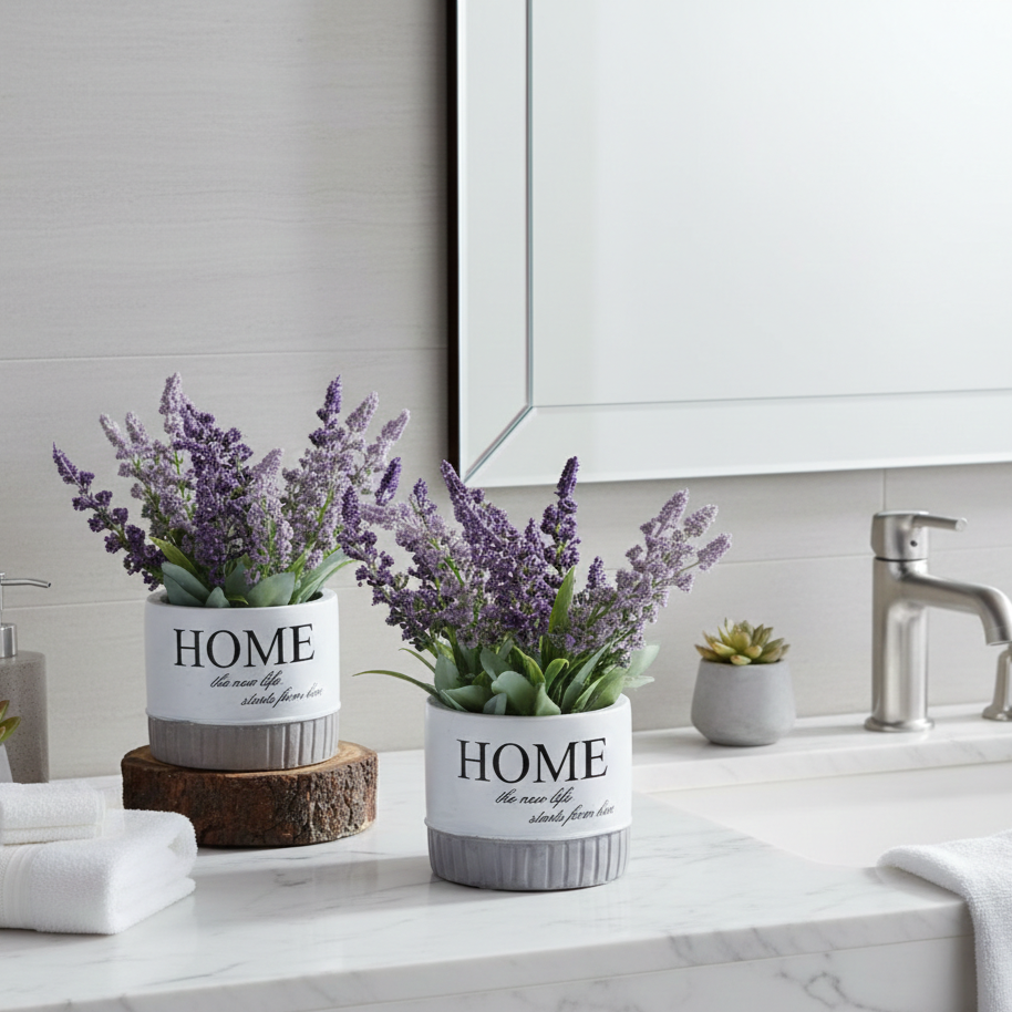 Artificial lavender flowering plants in decorative ceramic pots styled on a bathroom vanity for elegant and maintenance-free décor.